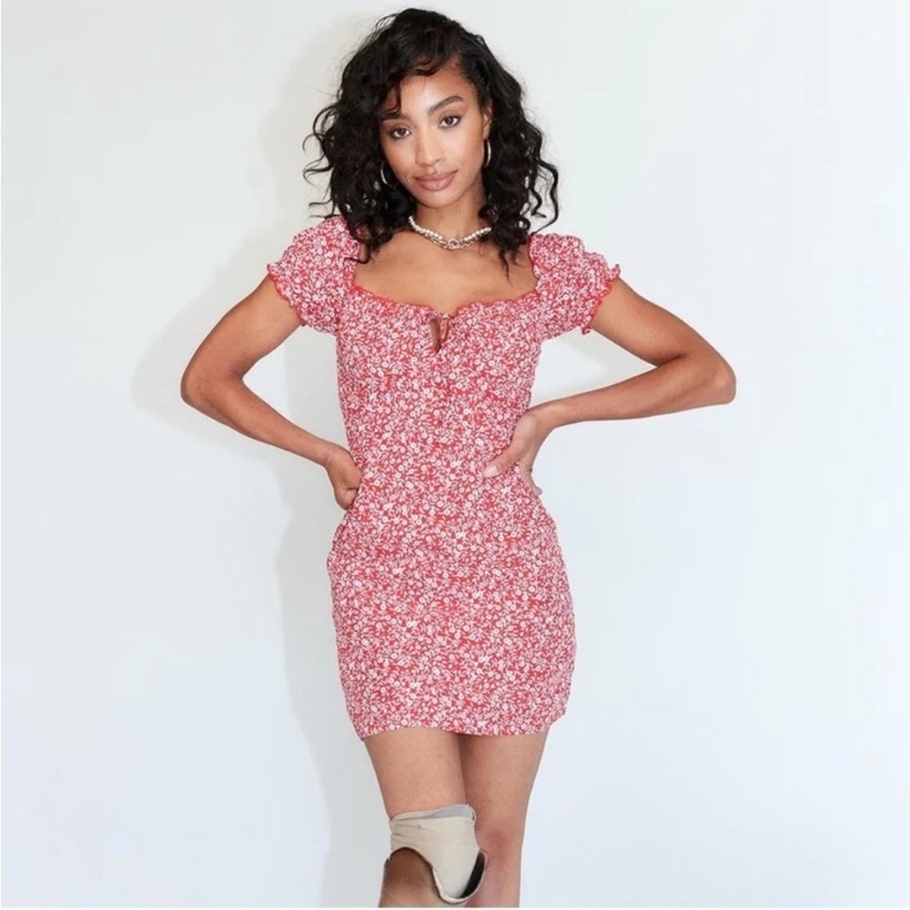 Princess Polly Red Floral Mini Dress Size 2 Feminine Romantic Ruffle Festival